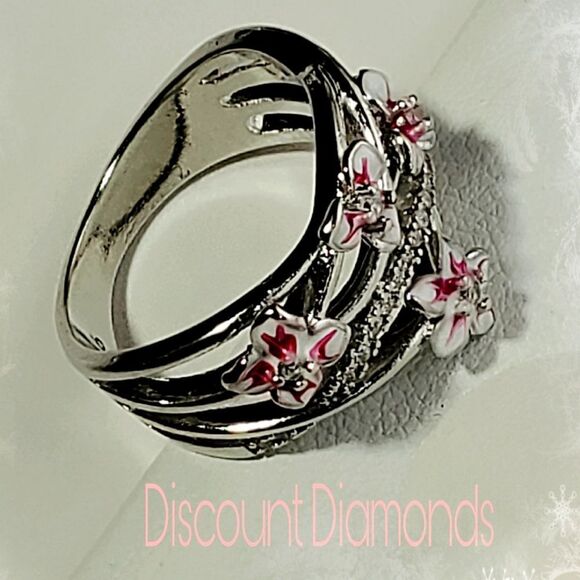 Pink Flower Clear White Diamond Ring on 925 Sterling Silver - Women's - Picture 5 of 7